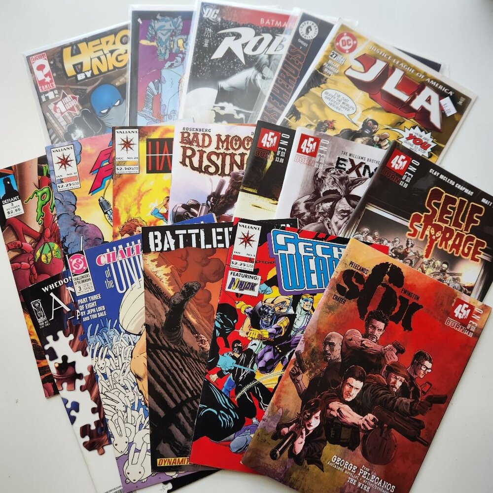 Comic Book Lot Of 17: Exmortis JLA Robin Geeks Harbinger Self Storage Battlefiel